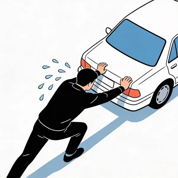 Illustration of a driver pushing a car instead of driving, symbolizing risk avoidance behavior in the construction industry