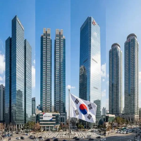 Skyscrapers of Samsung, Hyundai, SK, LG with Korean flag