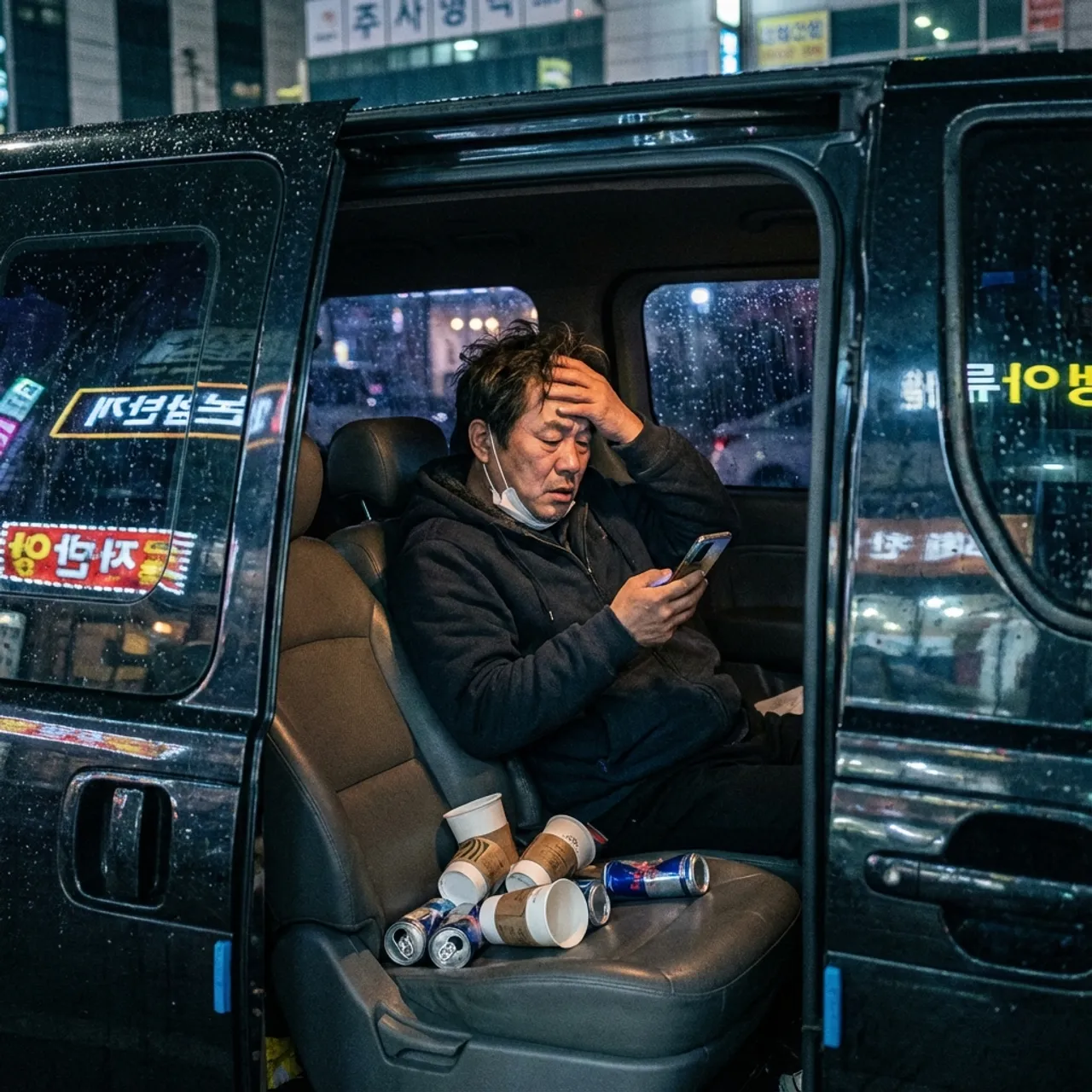 서울 강남의 네온사인이 보이는 밴 안에서 지친 표정으로 스마트폰을 확인하는 매니저의 모습