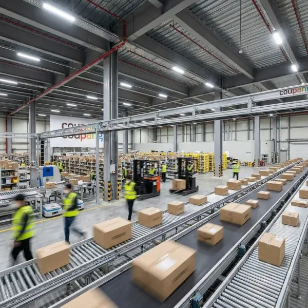 쿠팡 물류센터의 거대한 모습과 그 앞에서 노동 조건 개선을 요구하는 택배 노동자들의 시위