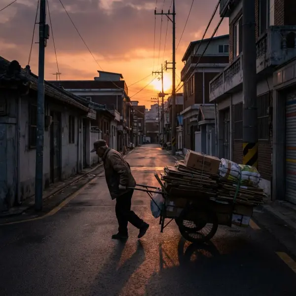 Elderly person looking despondent in a small, dimly lit room, representing the stark reality of the poverty crisis in a super-aged society