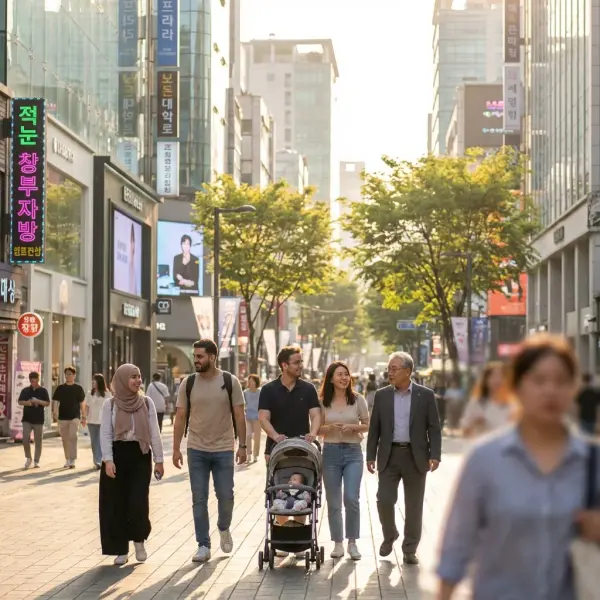 A crowd of people walking down a street next to tall buildings in Seoul