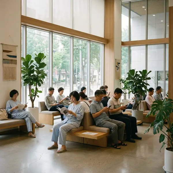 굳게 닫힌 병원 응급실 문과 의료진들의 집회 현장, 붉은 글씨로 '결사반대'가 적힌 피켓