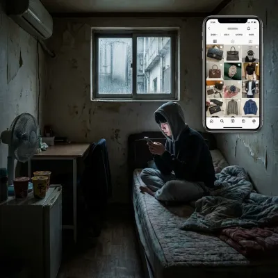 텅 빈 냉장고와 라면 한 봉지를 찍은 SNS 사진, 그 뒤로 우울해 보이는 청년의 실루엣