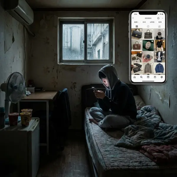 건강 보조 식품과 운동 기구 사이에서 지친 표정으로 스마트폰을 바라보는 청년의 모습, 현대인의 건강 강박을 상징