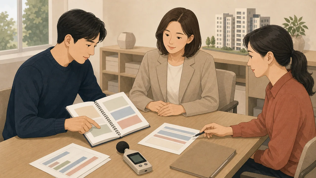 아파트 주민과 관리사무소 담당자, 중재 진행자가 층간소음 일지와 측정 기록, 절차 문서를 차분히 함께 검토하는 편집 일러스트