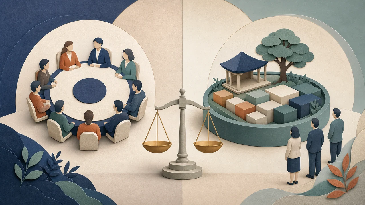 사원 중심의 사단법인 구조와 재산을 목적사업에 쓰는 재단법인 구조를 저울 양쪽에서 비교하는 편집 일러스트