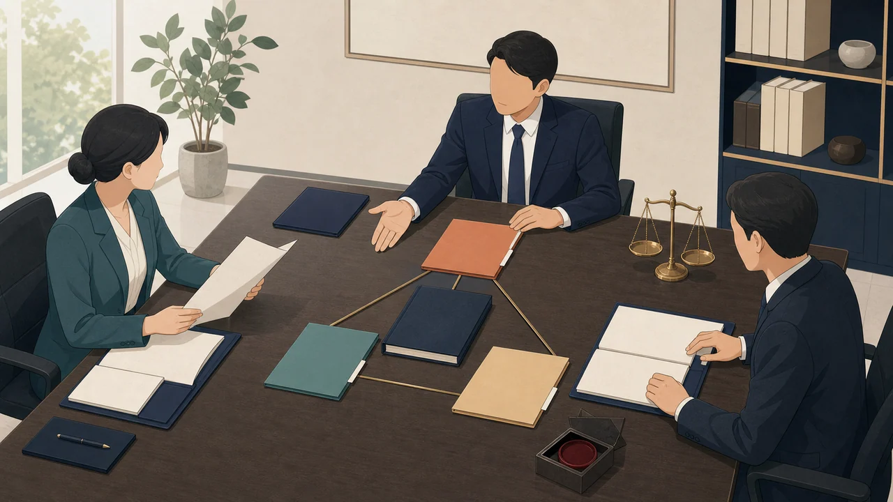 세 명의 이사가 빈 의사자료와 색상별 안건 폴더를 놓고 회사의 주요 실무 결정을 심의하는 편집 일러스트