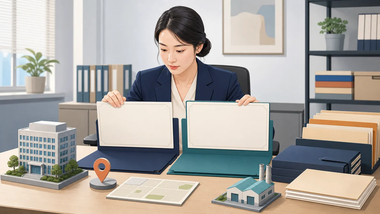 법인 담당자가 기존·정정 사업자등록 서류와 사업장 위치·업종 모형 자료를 비교하는 장면