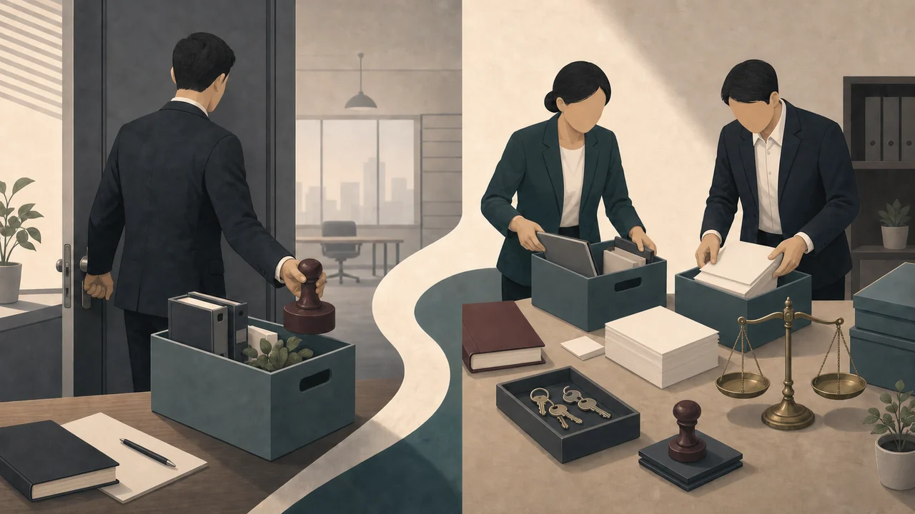 사무실 문을 닫는 해산 단계와 회사 자산·서류·열쇠를 정리하는 청산 단계를 나누어 보여주는 편집 일러스트