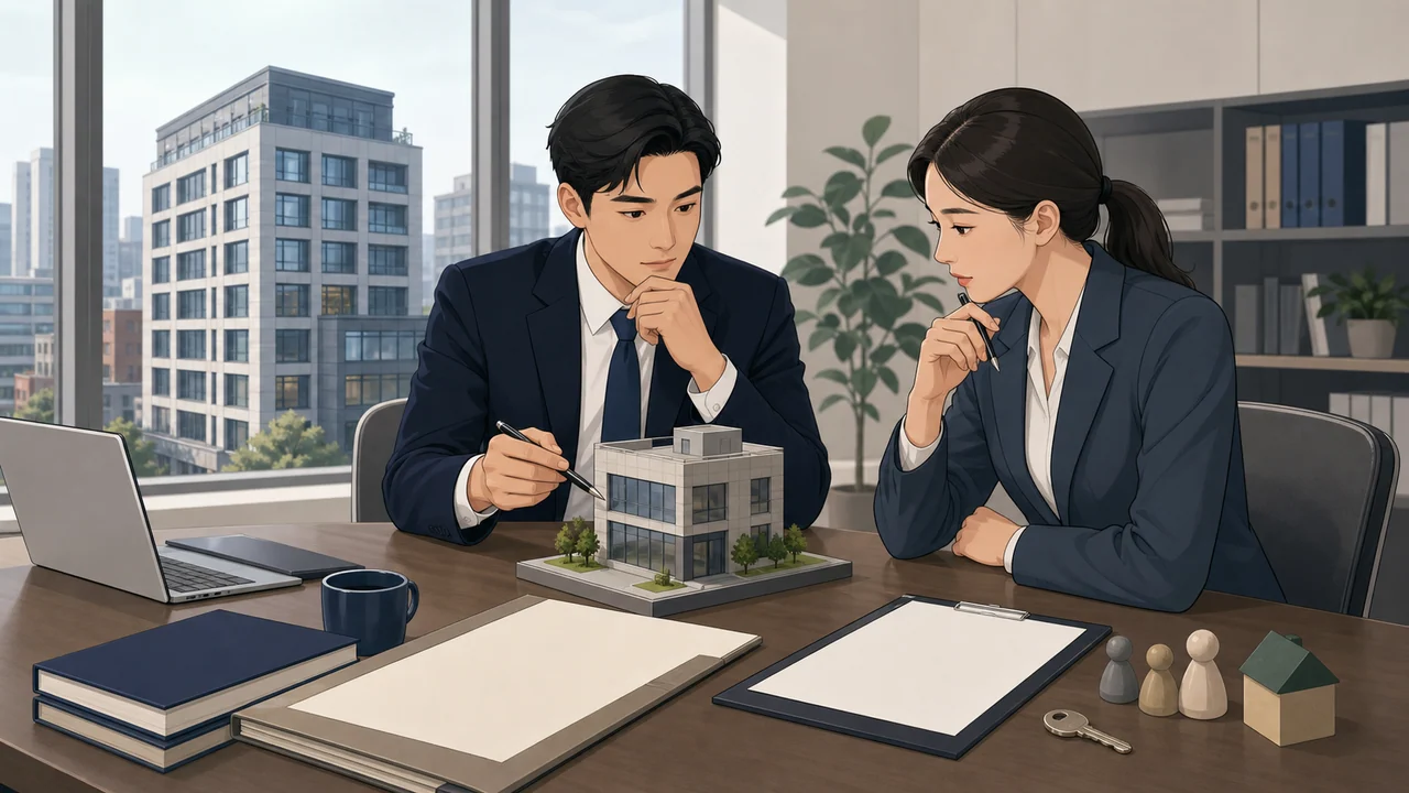 법인 담당자 두 명이 상업용 건물 모형과 빈 취득 서류, 열쇠를 놓고 부동산 취득 사항을 점검하는 장면
