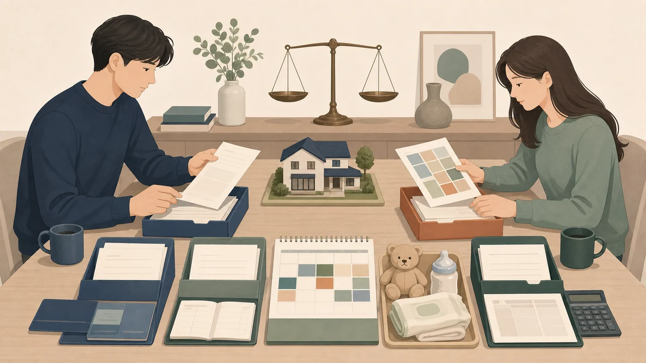 이혼을 준비하는 두 사람이 주택 모형과 소득·가사·돌봄 기록, 달력을 정리하며 재산분할 기여 자료를 검토하는 편집 일러스트