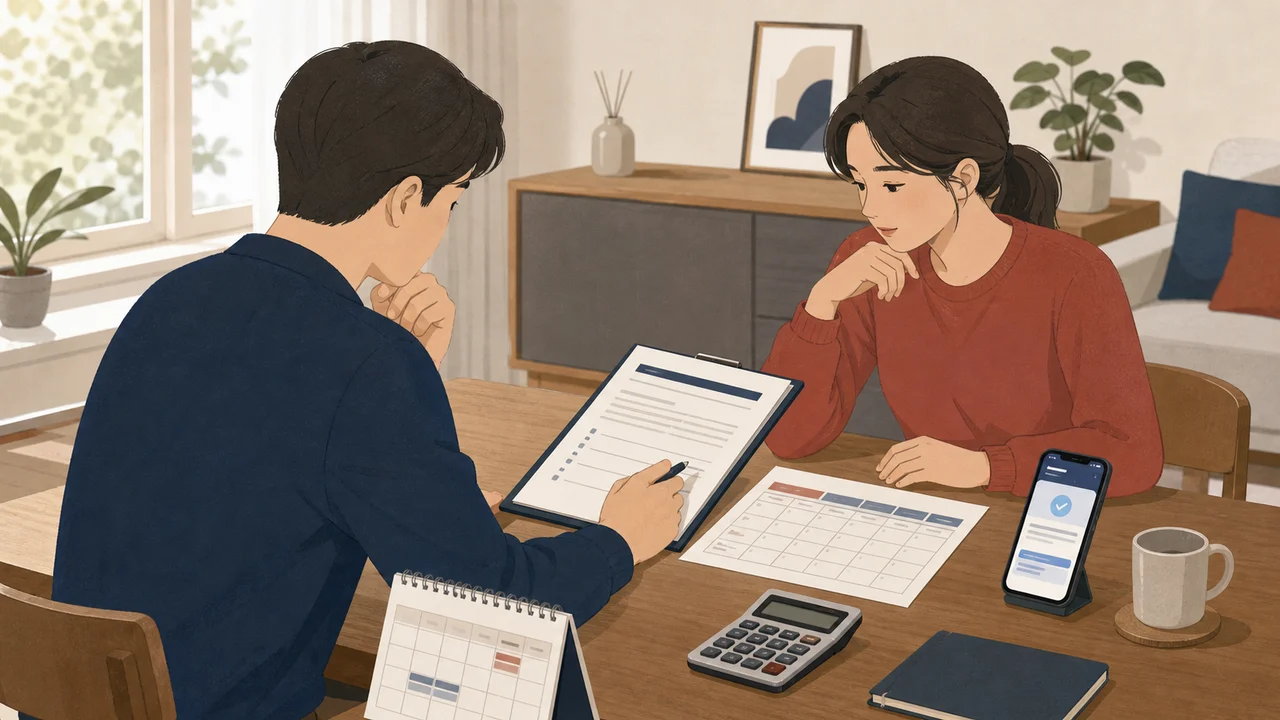 가족이 차용증과 이자·원금 상환 일정을 함께 확인하는 장면의 편집 일러스트