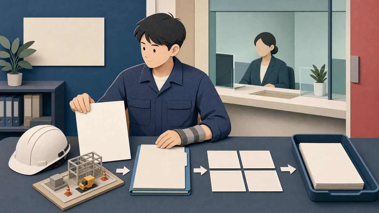 손목 보호대를 한 근로자가 산업재해 불승인 후 작업 현장 자료와 의료 기록, 사고 사진을 정리해 심사 창구에 제출 준비하는 편집 일러스트