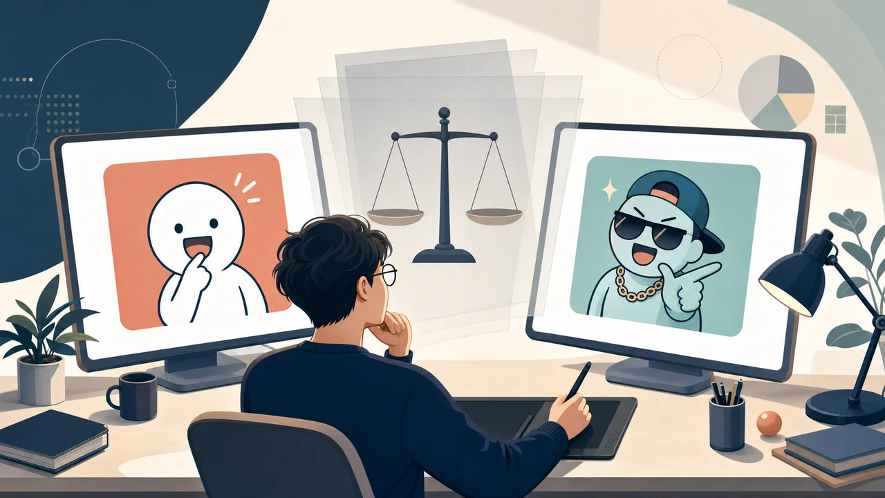 콘텐츠 제작자가 두 화면의 원본 캐릭터와 변형된 패러디 이미지를 저작권 저울과 함께 비교하는 편집 일러스트