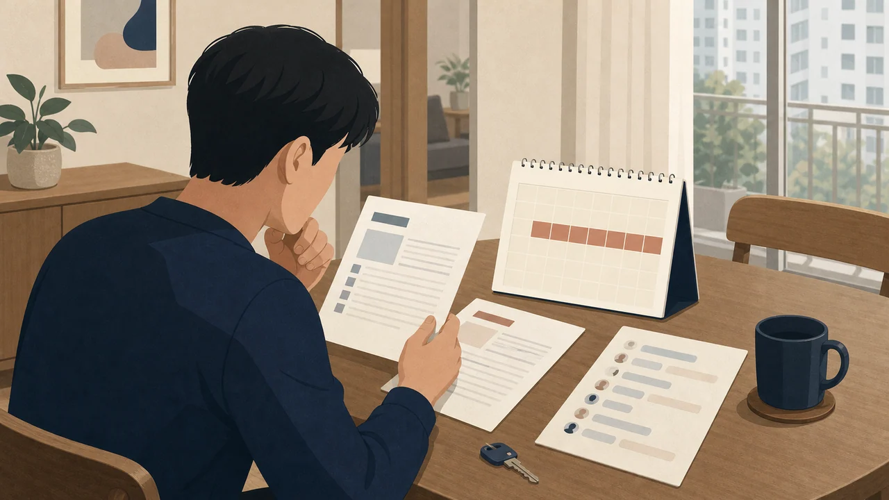 전세 세입자가 기존 계약서와 계약 종료 시기 달력, 임대인과의 연락 기록을 함께 확인하는 편집 일러스트