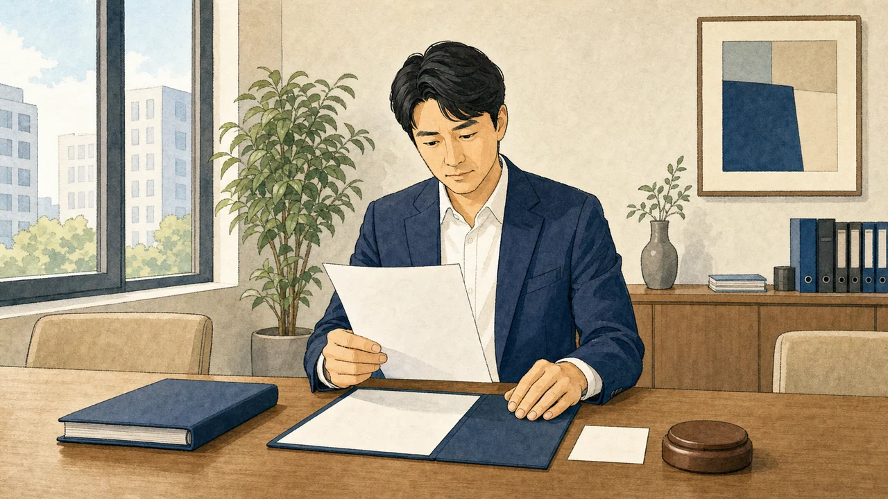 1인 주주 회사 대표가 회의실에서 빈 의안지와 주주총회 기록 자료를 검토하는 편집 일러스트
