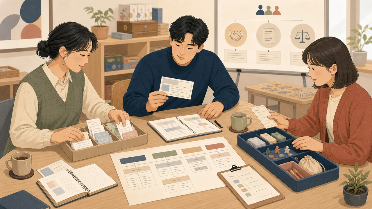 온라인 취미 모임 구성원들이 회비 입금 내역과 지출 영수증, 잔액 기록을 대조하는 편집 일러스트