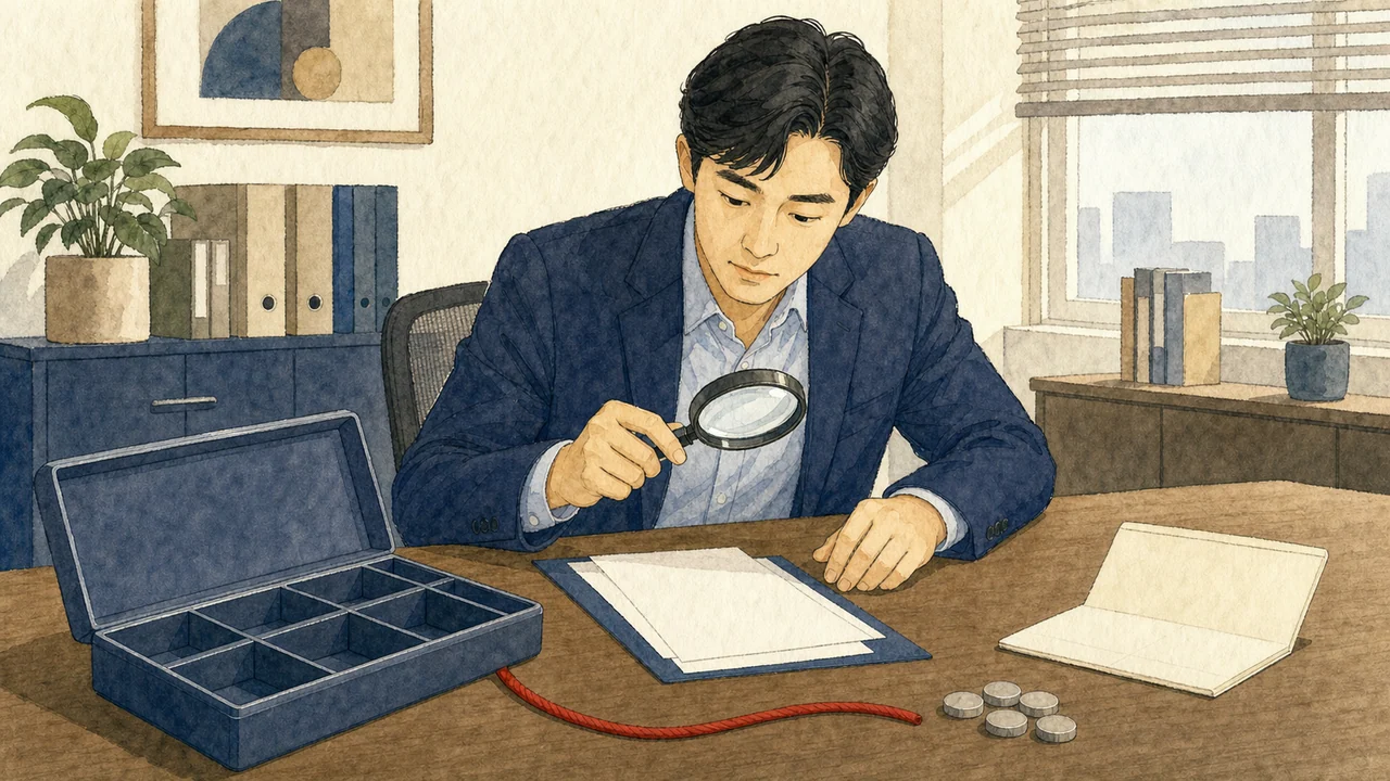 회사 설립자가 비어 있는 자금함과 되돌아간 자금 토큰, 설립 서류를 대조하는 가장납입 편집 일러스트
