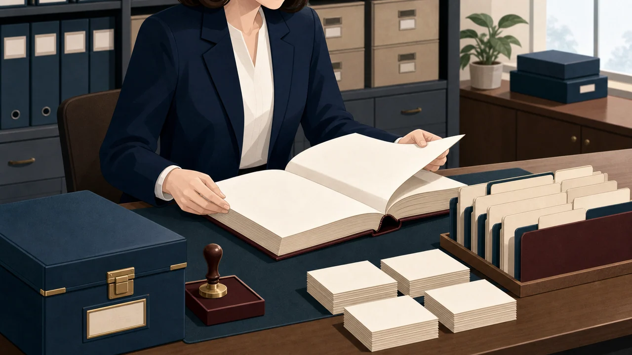 회사 담당자가 빈 주주명부와 주주 기록 카드, 보관함을 체계적으로 점검하고 관리하는 편집 일러스트
