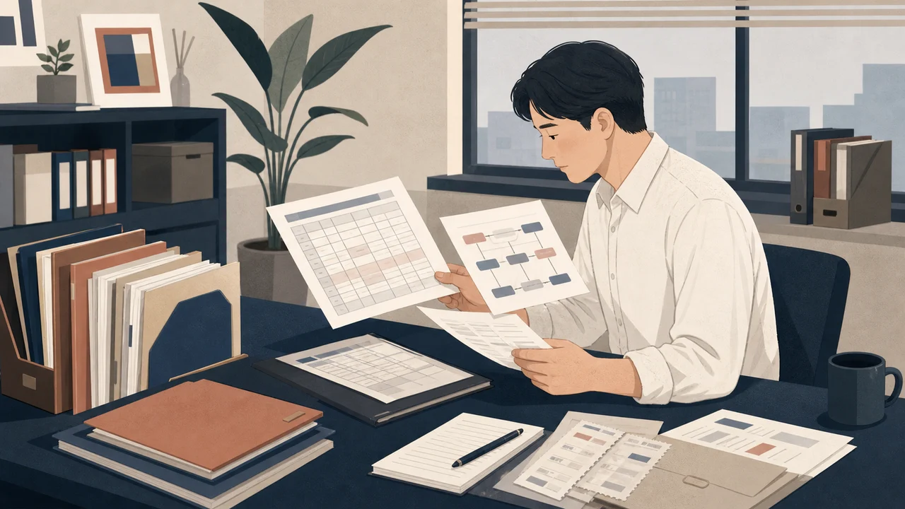 1인 법인 대표가 사무실 책상에서 가지급금 장부와 계좌 흐름 자료, 영수증 증빙을 대조하는 편집 일러스트