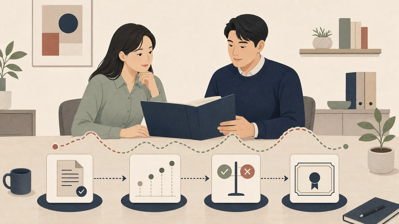 회사 임직원이 스톡옵션 부여 계약과 행사 조건, 주식 수 변화를 함께 검토하는 편집 일러스트