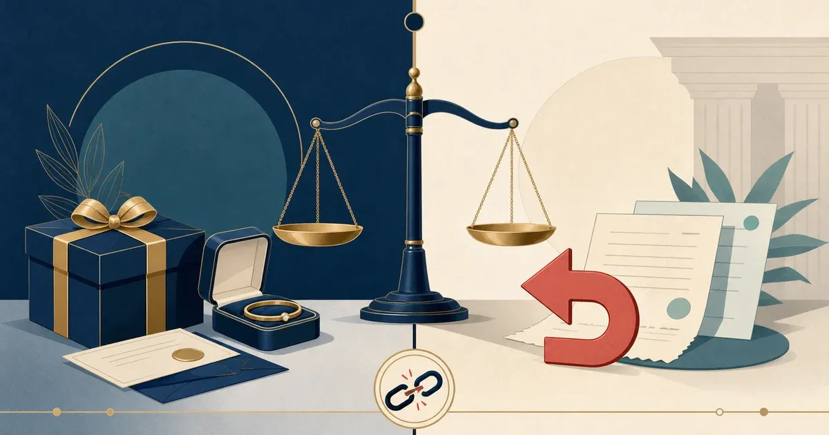 선물 상자·약혼반지·송금 자료와 반환 화살표를 저울에 배치한 선물 반환 벡터 일러스트
