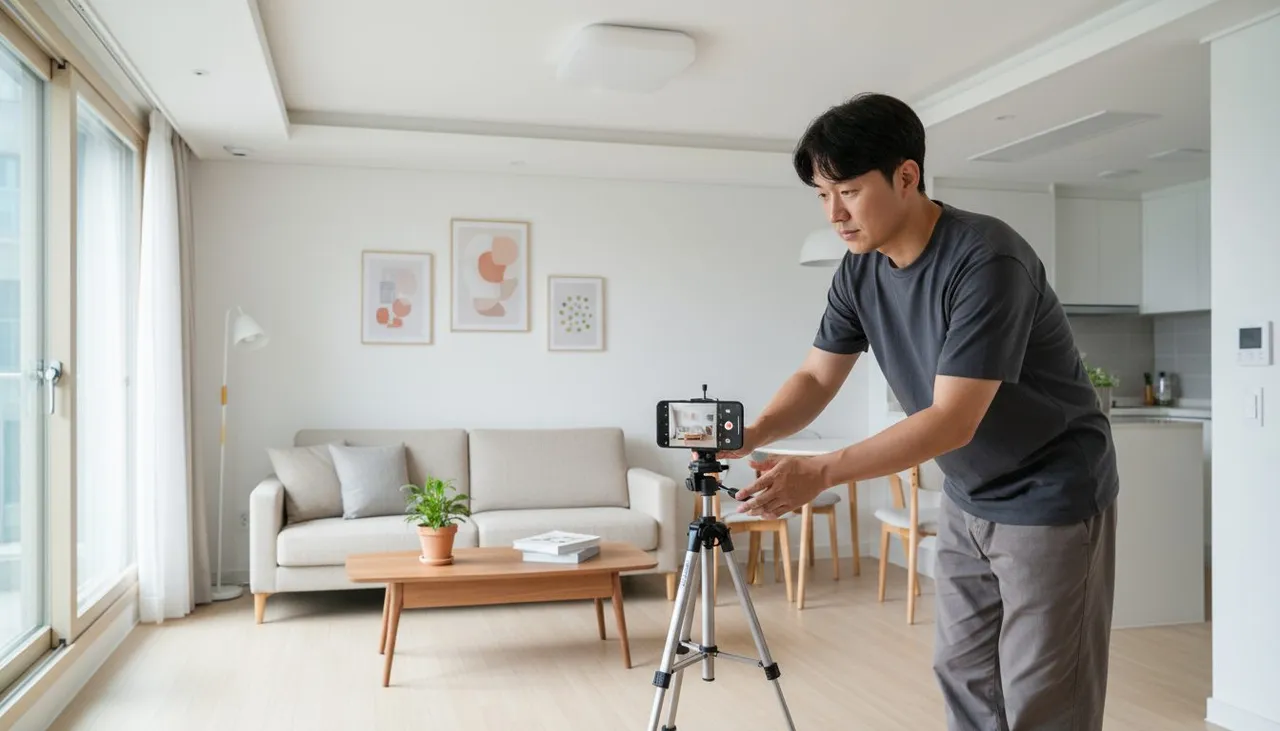 랜선 집들이 영상을 올리기 전 주소 단서·가족 얼굴·도어락·창밖 풍경을 점검하는 모습