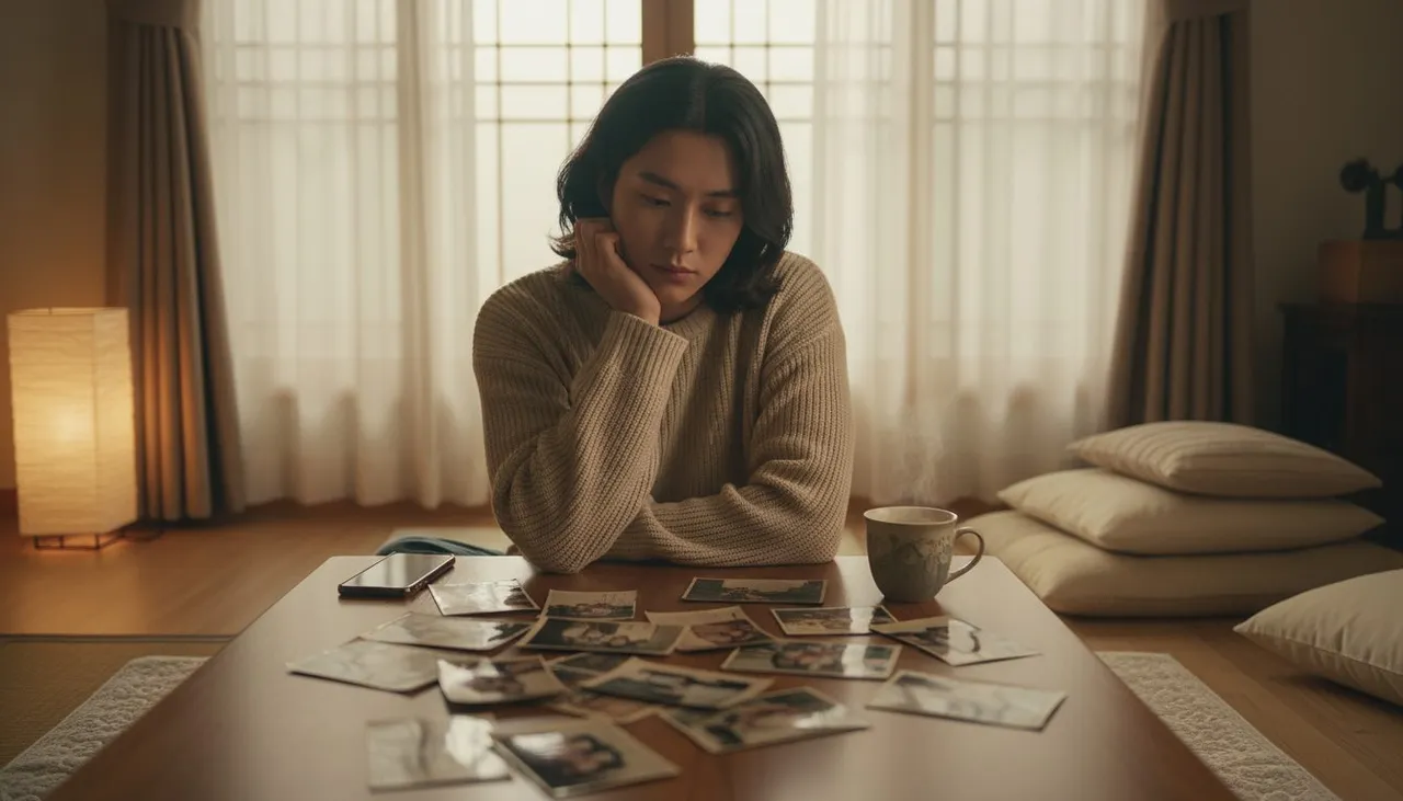 성인이 된 당사자가 부모 게시물·학교앨범·검색결과에 남은 어린 시절 사진을 정리하는 모습