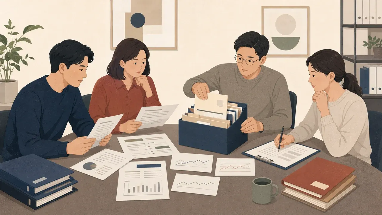 여러 투자자가 거래내역·허위공시·손실 계산자료와 법원 제외신고 일정을 검토하는 모습