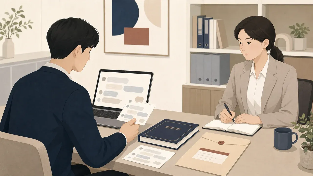 직장인이 단체채팅 기록과 취업규칙, 징계 통지를 차분히 검토하는 편집 일러스트