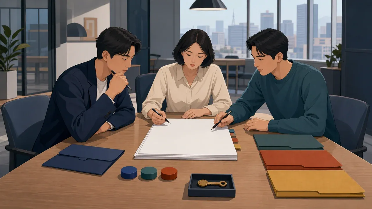 공동창업자들이 현금·기술·노무 기여, 지분·베스팅, 의사결정과 퇴사 조건을 동업계약서와 후속 회사 문서로 연결하는 모습