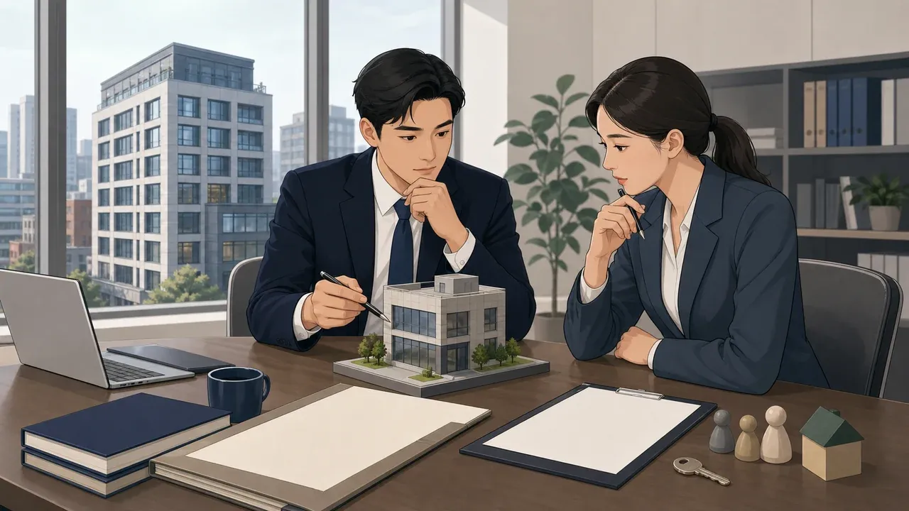 법인 담당자가 부동산 등기사항증명서와 매매계약서, 이사회 결의, 대출·세금·대표자 사용 자료를 함께 점검하는 모습