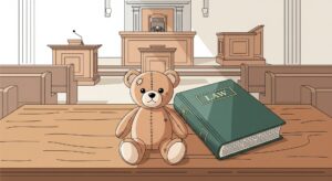 낡고 기운 곰인형과 'LAW'라고 쓰인 두꺼운 법전이 놓인 법정 내부의 테이블