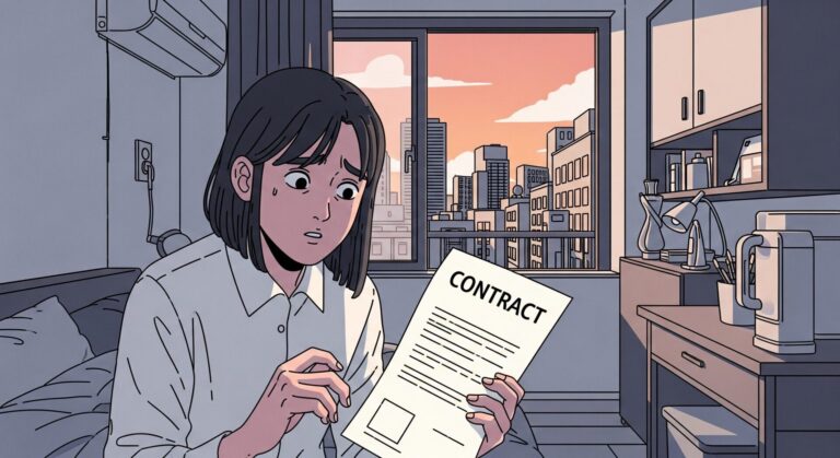 방 안에서 창밖으로 노을이 지는 도시를 배경으로 'CONTRACT' 계약서를 불안한 표정으로 들여다보는 여성