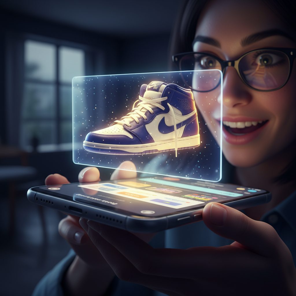 스마트폰 위로 떠오른 홀로그램 운동화 이미지를 놀라워하며 바라보는 여성