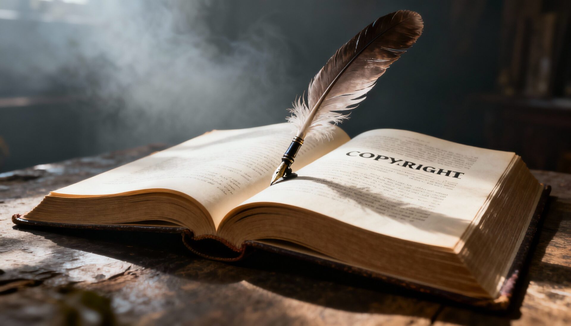 마음에 드는 웹소설 구절 SNS에 올리면 무단 복제일까? 1 'COPYRIGHT'라고 쓰여 있는 페이지에 깃펜이 놓여 있는 오래된 책