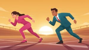 트랙 위에서 경쟁하며 달리는 운동복 차림의 여성과 정장 차림의 남성.