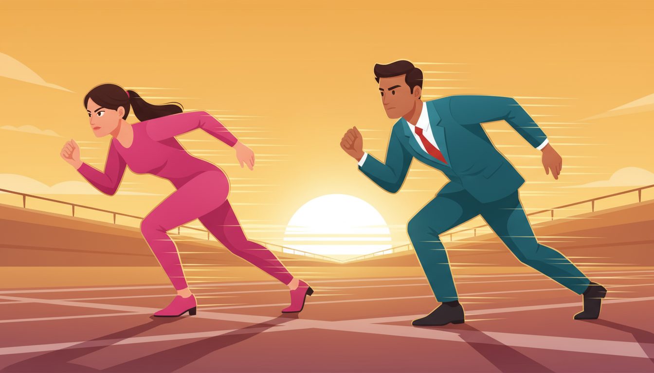 트랙 위에서 경쟁하며 달리는 운동복 차림의 여성과 정장 차림의 남성.