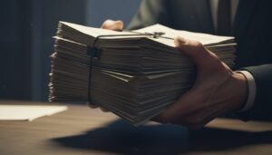 단단히 묶인 두꺼운 서류 뭉치를 다른 사람에게 건네는 비즈니스맨의 손