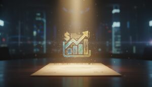 어두운 사무실 책상 위 계약서 위로 빛나는 성장 그래프와 금융 관련 아이콘 홀로그램