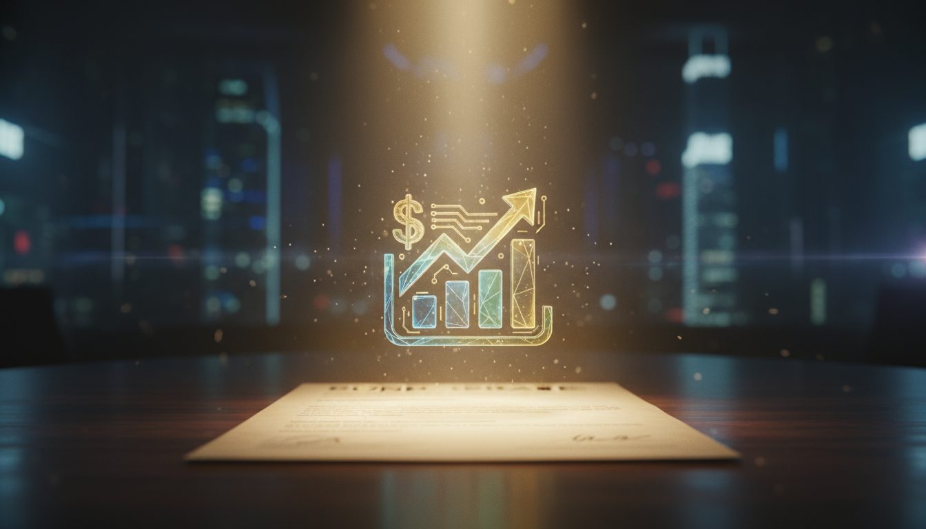 전환사채(CB)와 신주인수권부사채(BW)의 차이 1 어두운 사무실 책상 위 계약서 위로 빛나는 성장 그래프와 금융 관련 아이콘 홀로그램