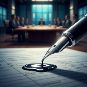 만년필에서 검은 잉크가 떨어져 서류 위에 번지는 순간을 클로즈업한 사진으로, 배경에는 회의 테이블에 앉아 있는 비즈니스맨들이 흐릿하게 보인다.