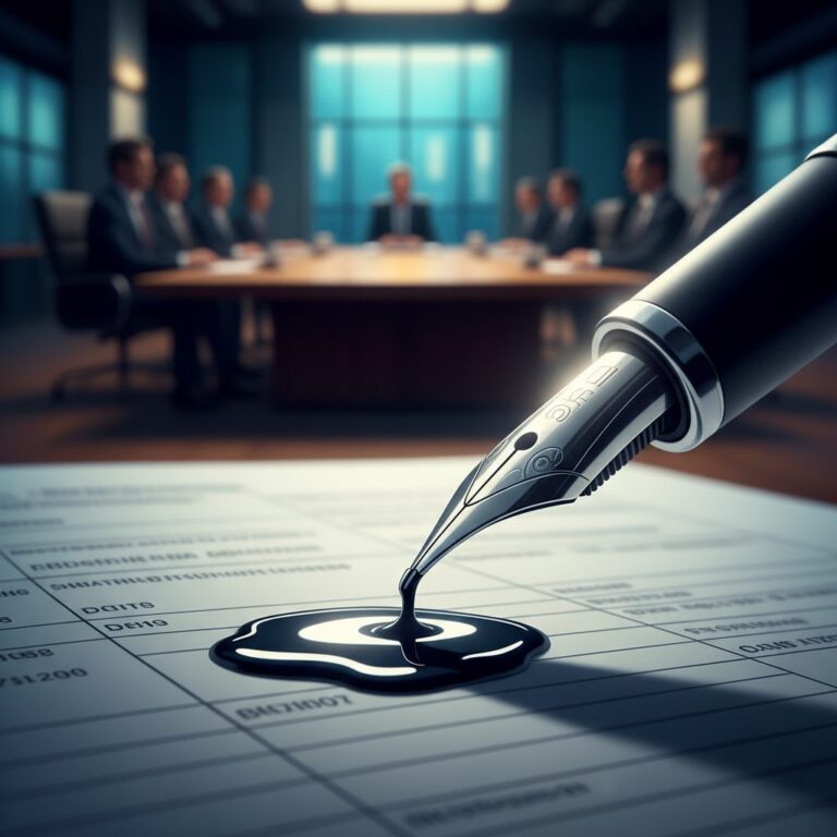 명의만 빌려준 주주도 법적 책임을 질까? 5 만년필에서 검은 잉크가 떨어져 서류 위에 번지는 순간을 클로즈업한 사진으로, 배경에는 회의 테이블에 앉아 있는 비즈니스맨들이 흐릿하게 보인다.