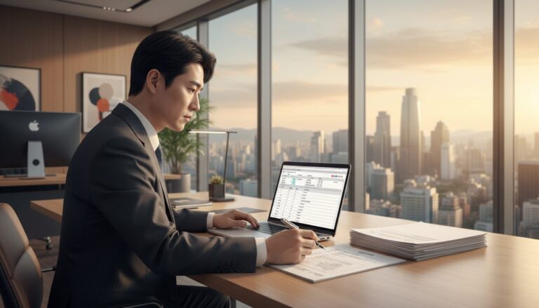 고층 사무실에서 한 남성이 노트북으로 데이터를 확인하며 서류에 펜으로 기록하고 있음. 창문 밖으로는 해 질 녘 도시의 스카이라인이 펼쳐져 있음.