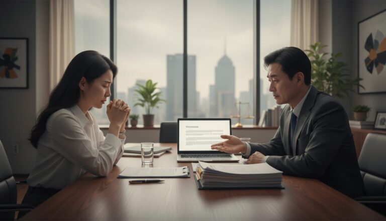 고층 사무실에서 한 남성이 여성에게 무언가를 설명하고 있고, 여성은 두 손을 모으고 불안한 표정으로 경청하고 있음. 협상 또는 법적 상담 상황을 연출.