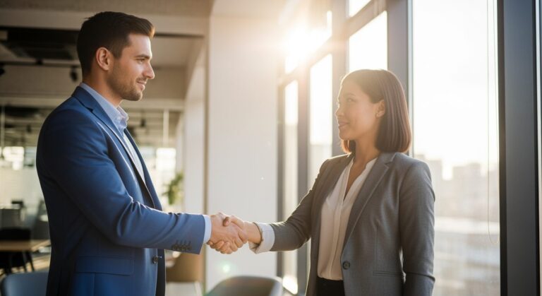 창문 옆에서 악수를 하며 미소 짓는 두 명의 비즈니스 남성과 여성