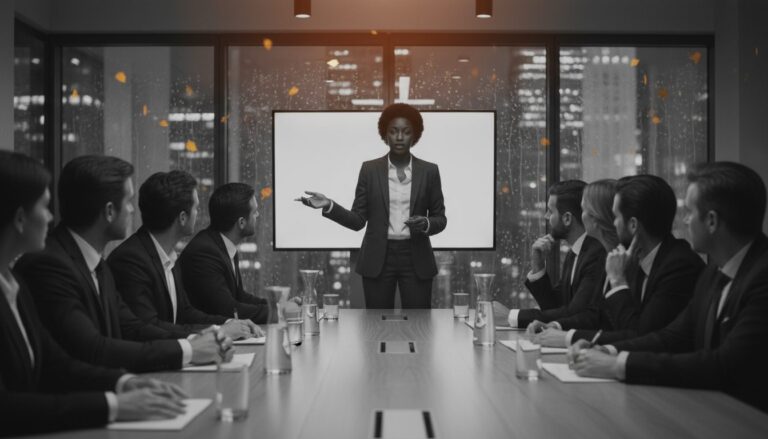 회의실에서 동료들 앞에서 프레젠테이션을 하는 자신감 있는 흑인 여성