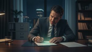 야심한 밤, 사무실에서 서류에 서명하고 있는 진지한 표정의 비즈니스맨