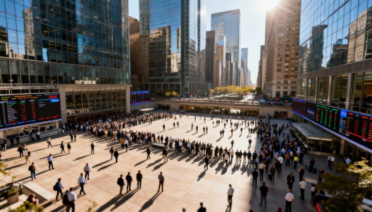 햇살이 비추는 도심 속 광장에 많은 사람들이 모여 있는 모습, 주변에는 고층 빌딩과 전광판이 보인다